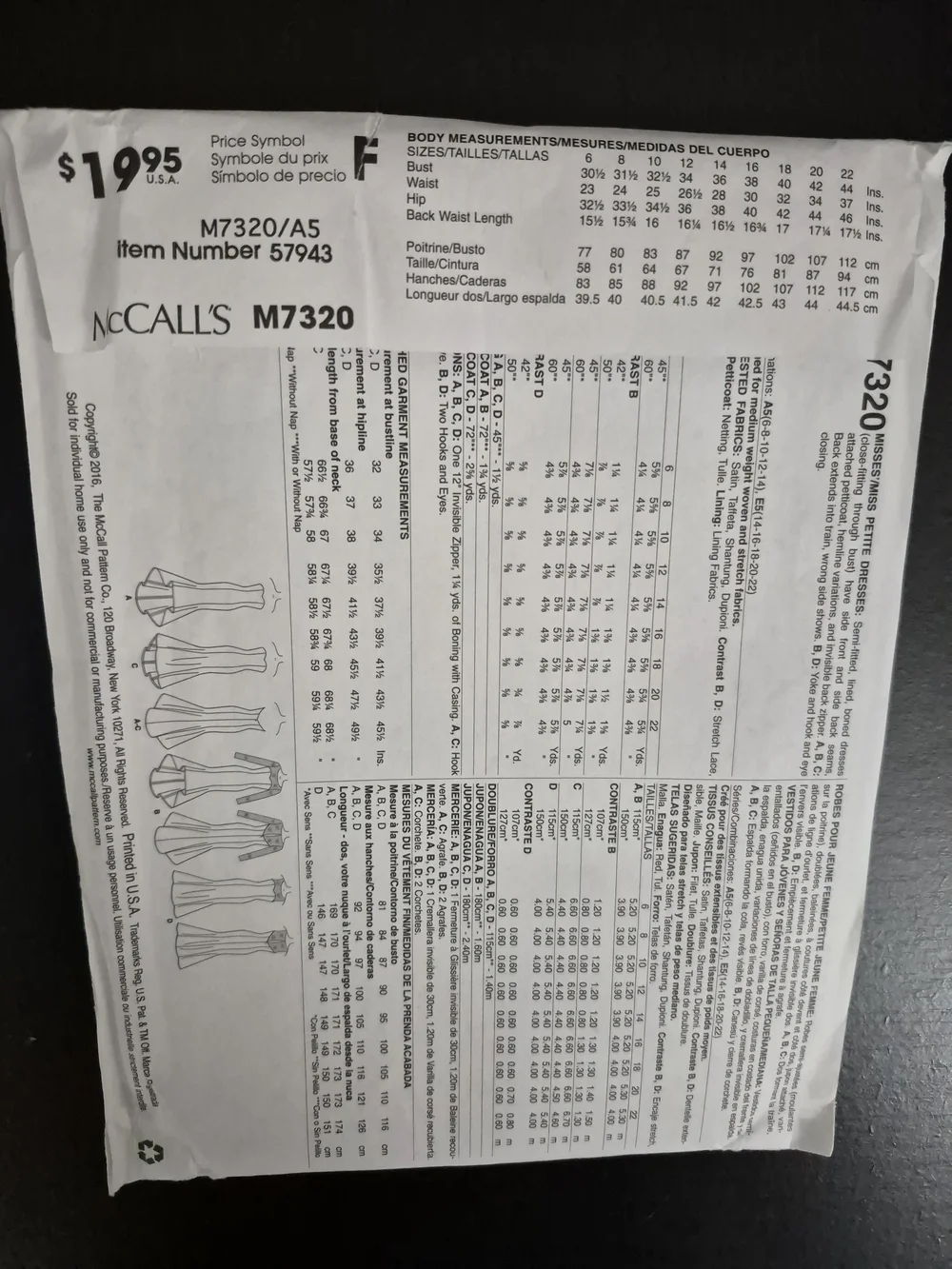 McCall's Pattern M7320 Petite *UNCUT*